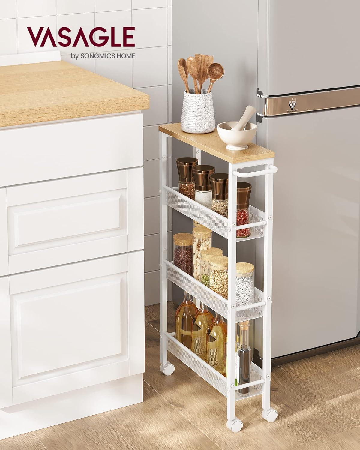 VASAGLE - desserte cuisine 4 niveaux, acier roulettes, 13x45,4x77cm, LRC032W09