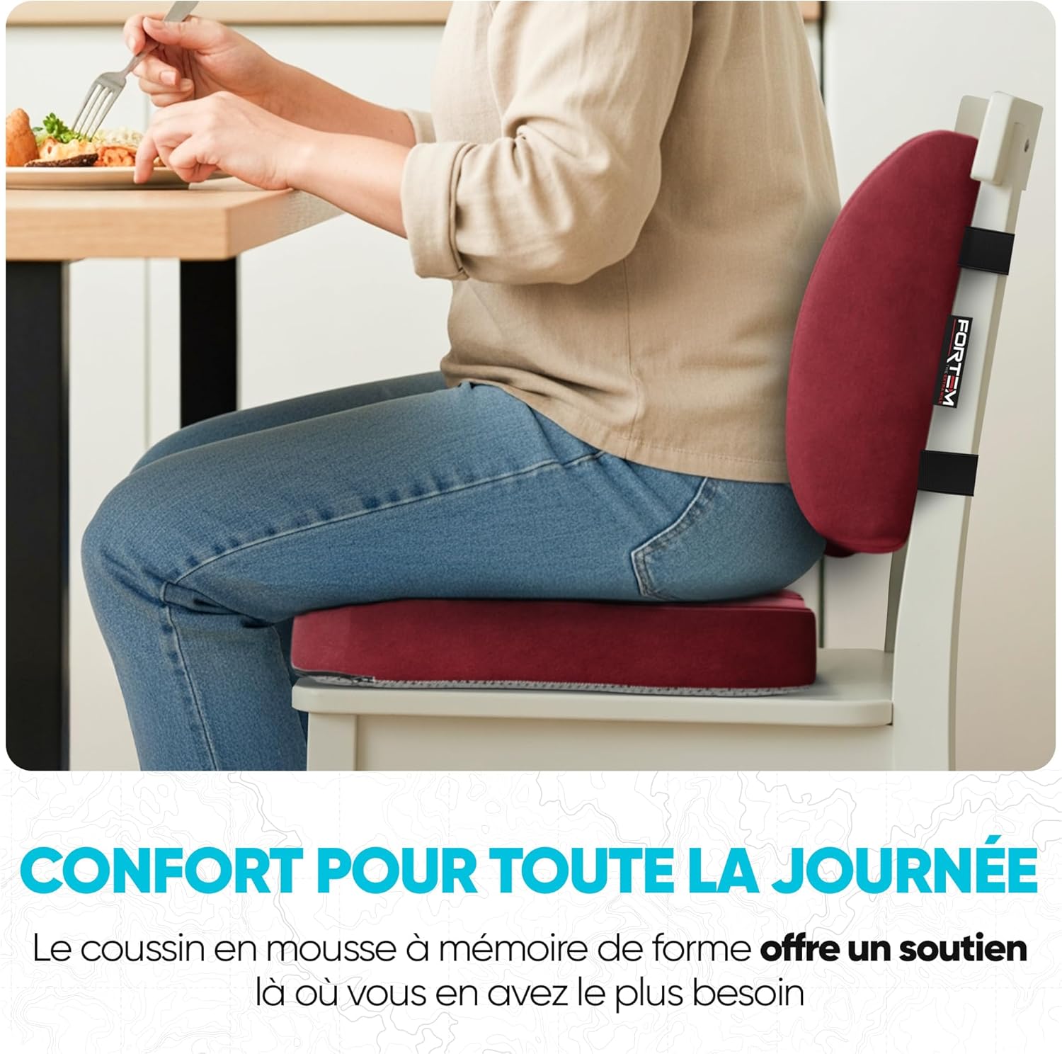 FORTEM - coussin lombaire et assise - mousse mémoire, antidérapant, soutien prolongé