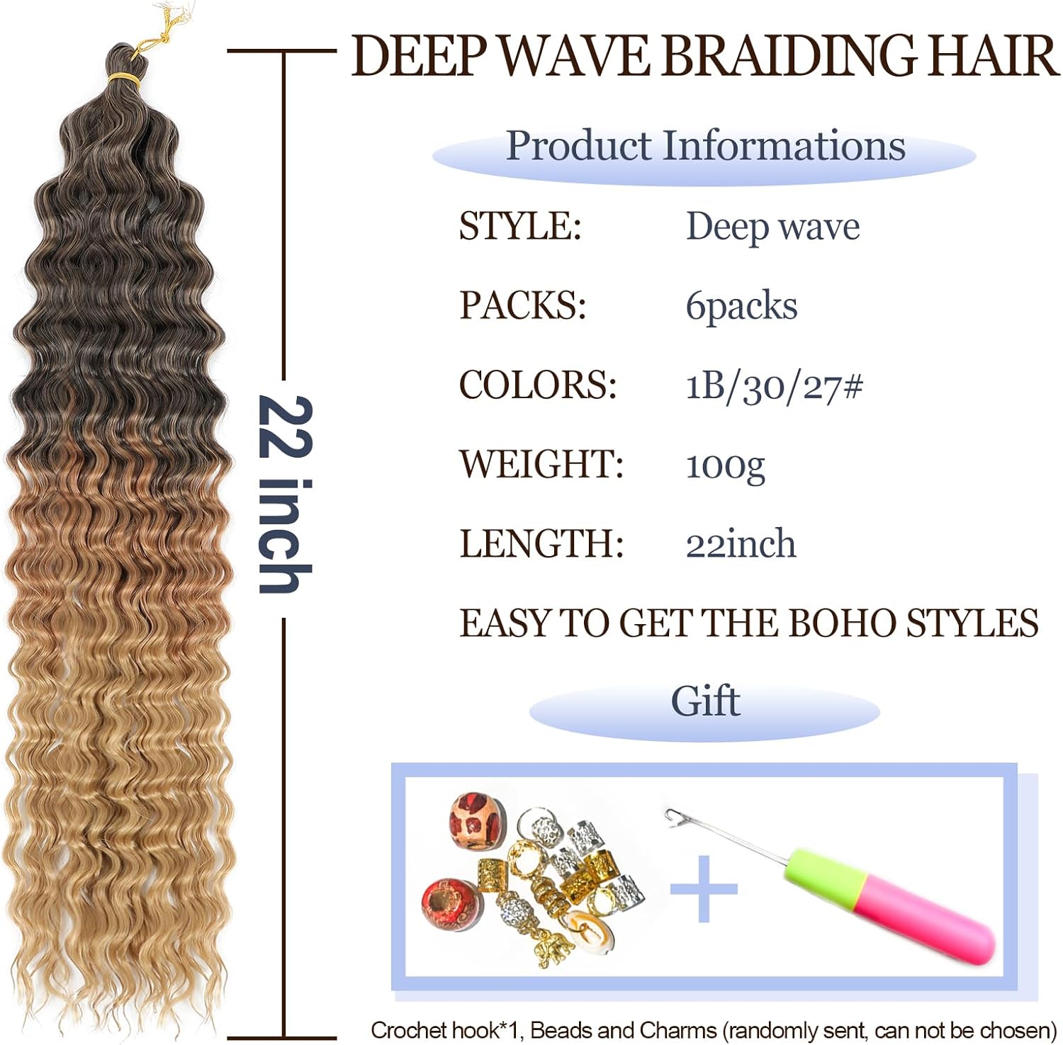 Extensions cheveux - Ocean Wave Deep Wave, 22 pouces, lot de 6, 1B/30/27#