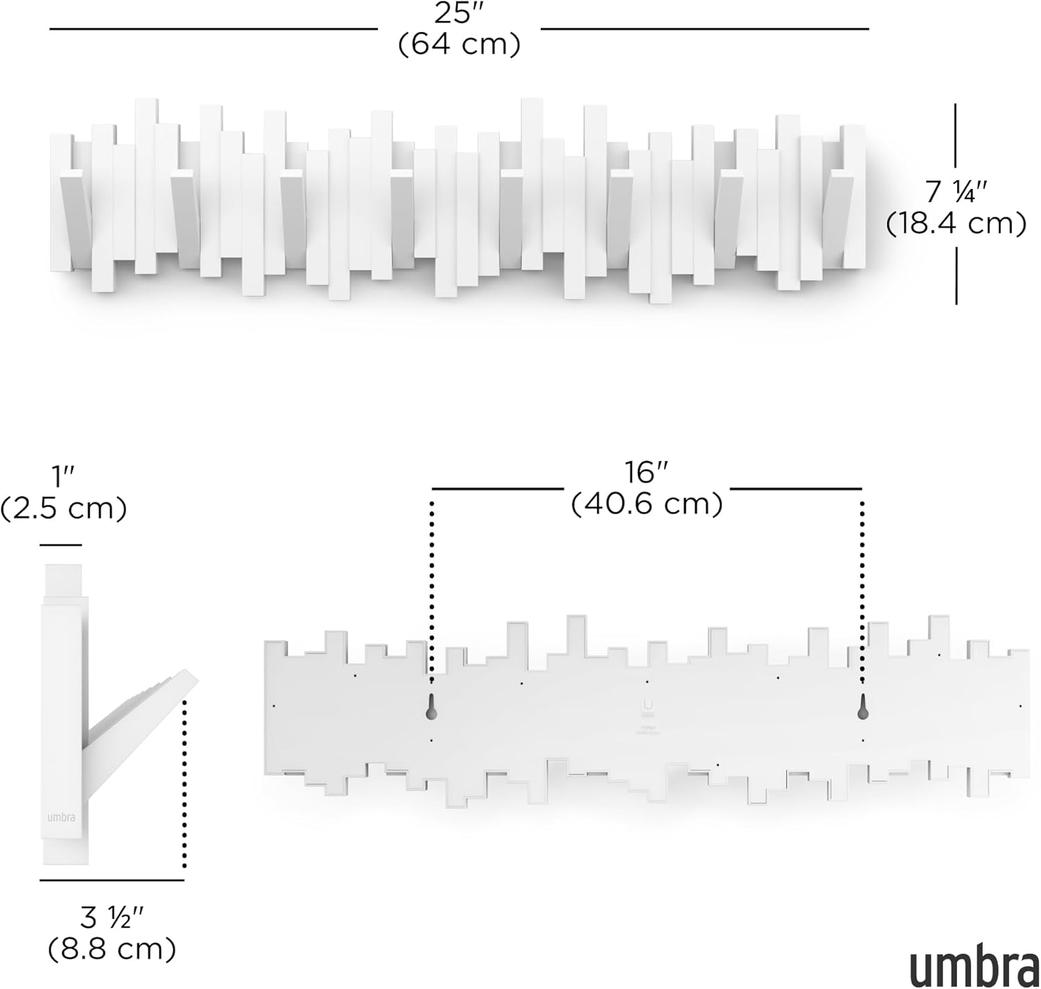 Umbra - Sticks - porte-manteau mural, 8 crochets, blanc, design contemporain