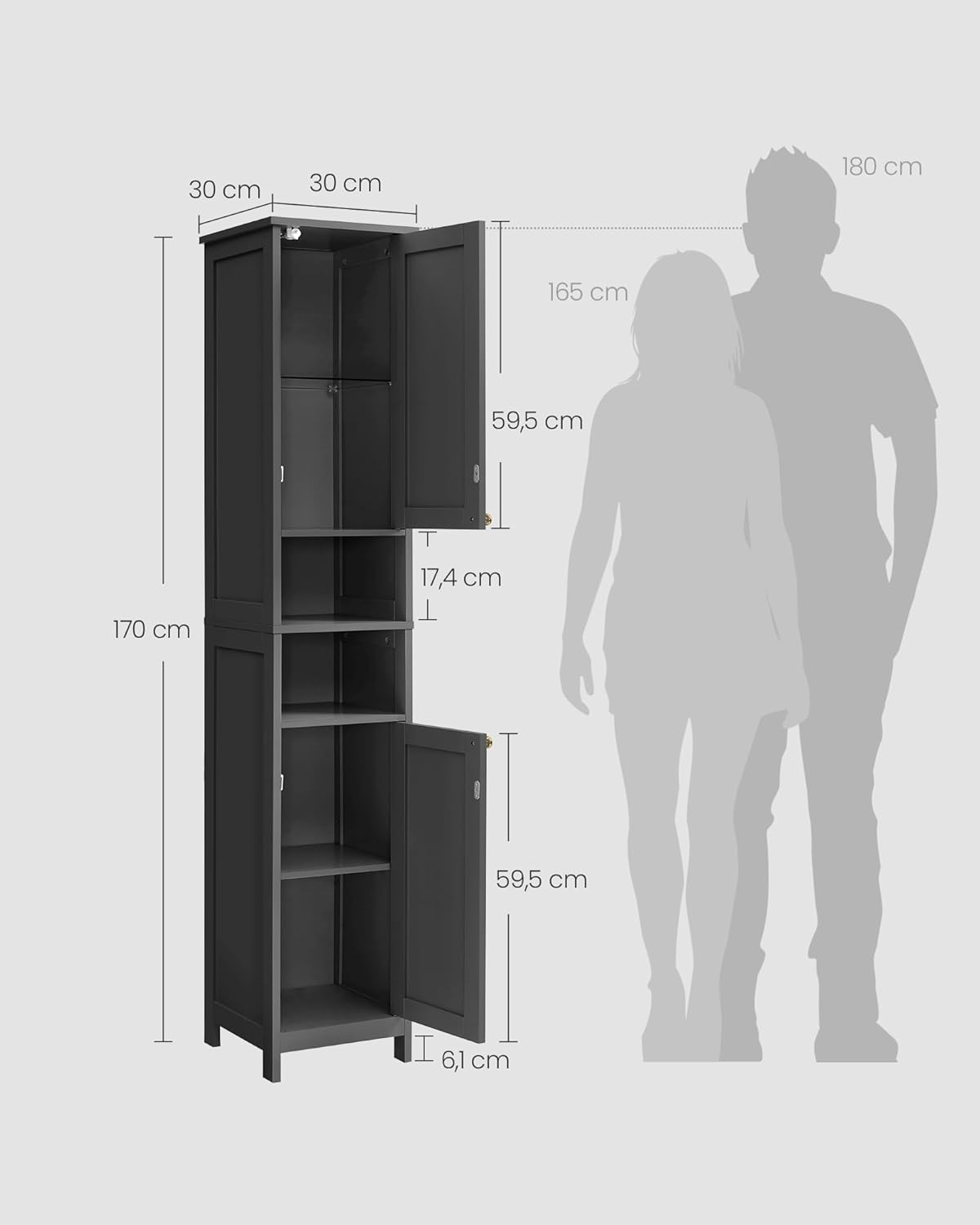 VASAGLE - armoire salle de bain haute, 30 cm, étagères réglables, éclairage, noire, BBK566BC01
