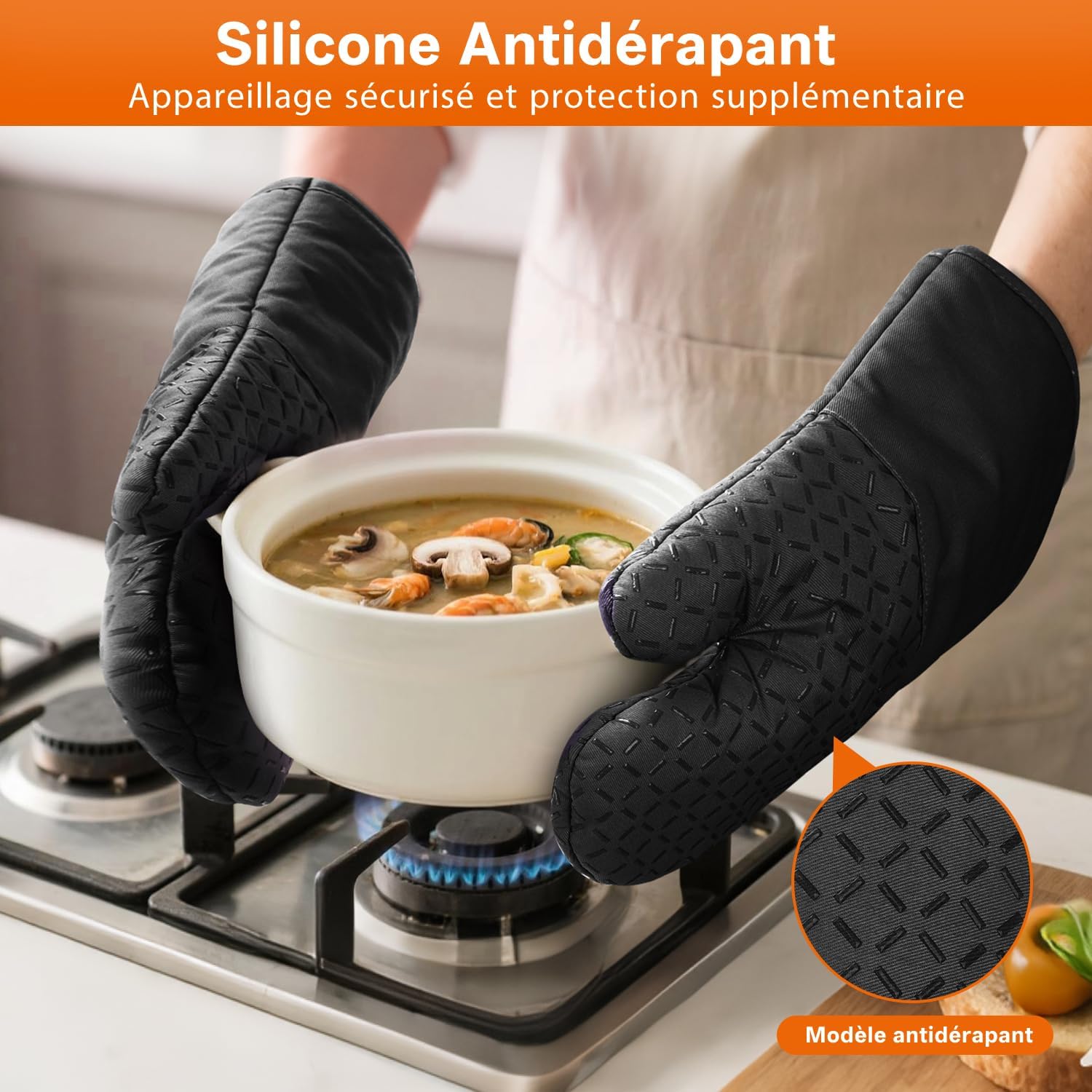 MILcea - Gants de Cuisine - 32cm - Silicone anti-chaleur, coton doux
