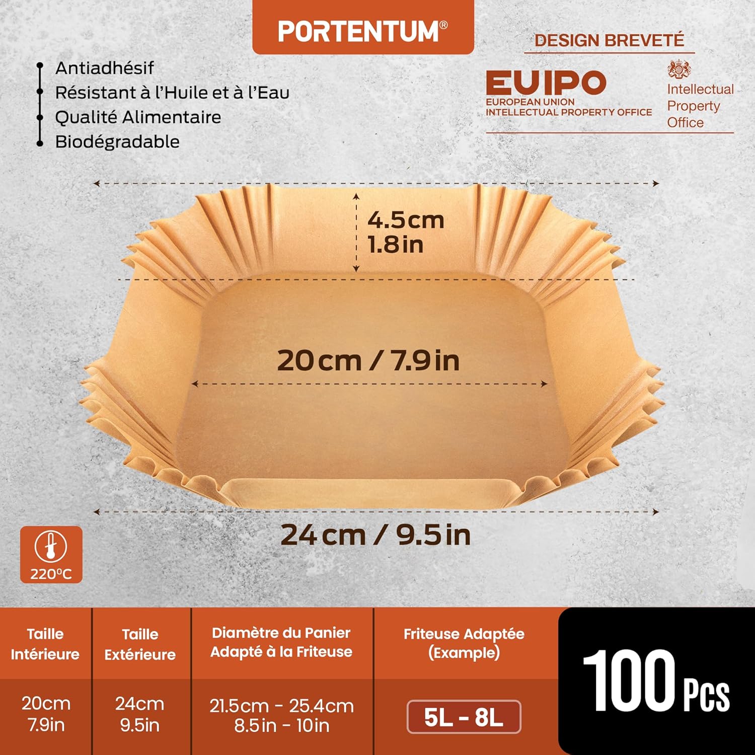 PORTENTUM - papier cuisson air fryer - 20x24 cm - 100 pièces, sans BPA, adapté 5-8L