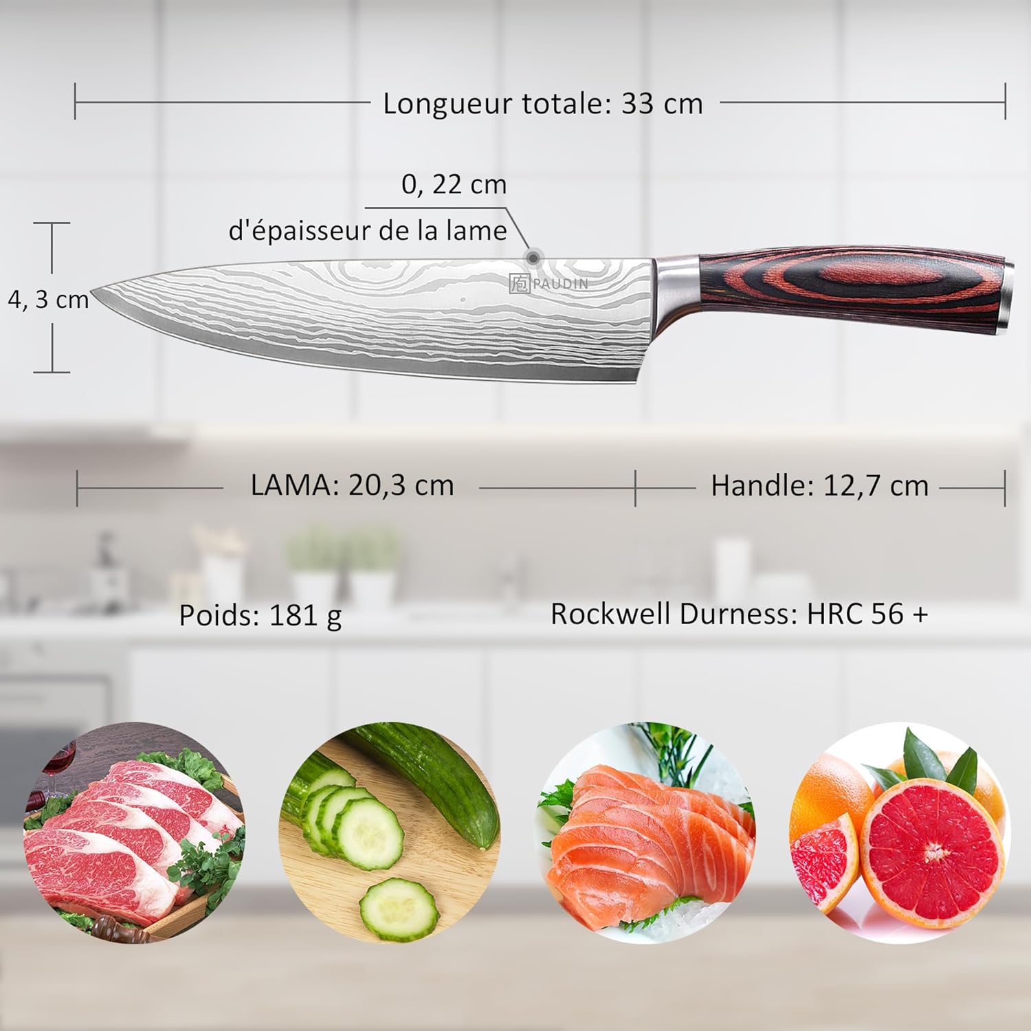 PAUDIN - Couteau de Chef - 8 pouces - lame acier carbone ultra tranchante