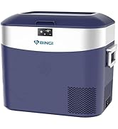 Le texte indique « BINGI ». Appareil électronique portable blanc et bleu marine présenté sous plusieurs angles, présentant un design rectangulaire avec des grilles de ventilation.