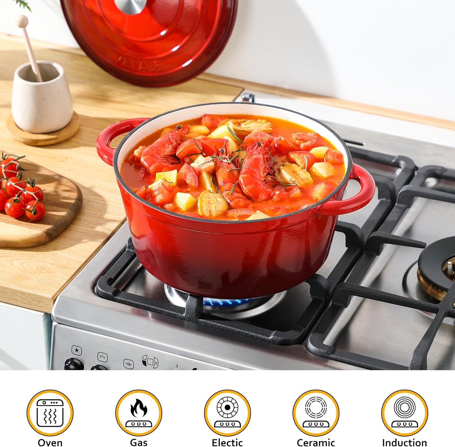 Velaze - Cocotte émaillée ronde 6.5L Ø29cm, induction, rouge