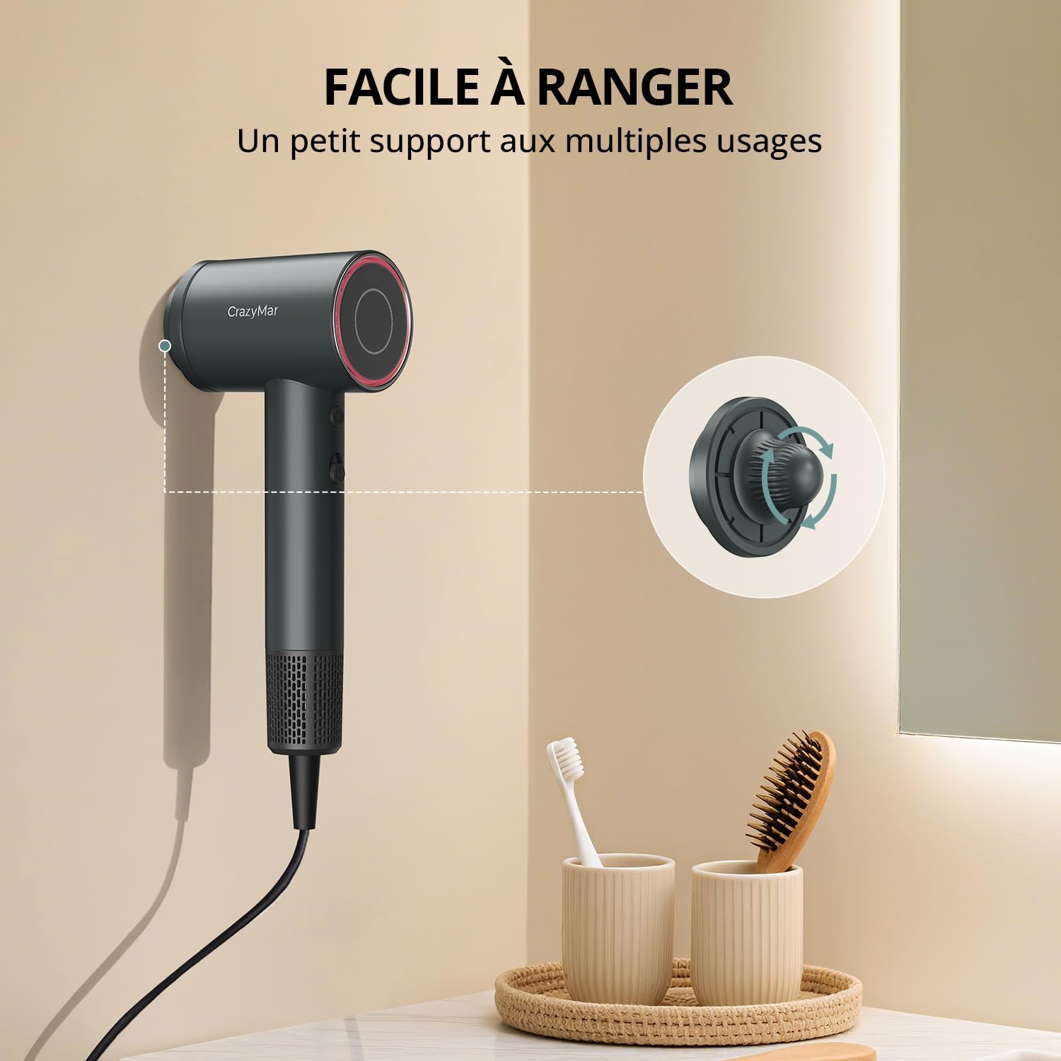 Sèche-cheveux ionique - 180000 tr/min - compact, 4 températures, séchage rapide, protection surchauffe, silencieux