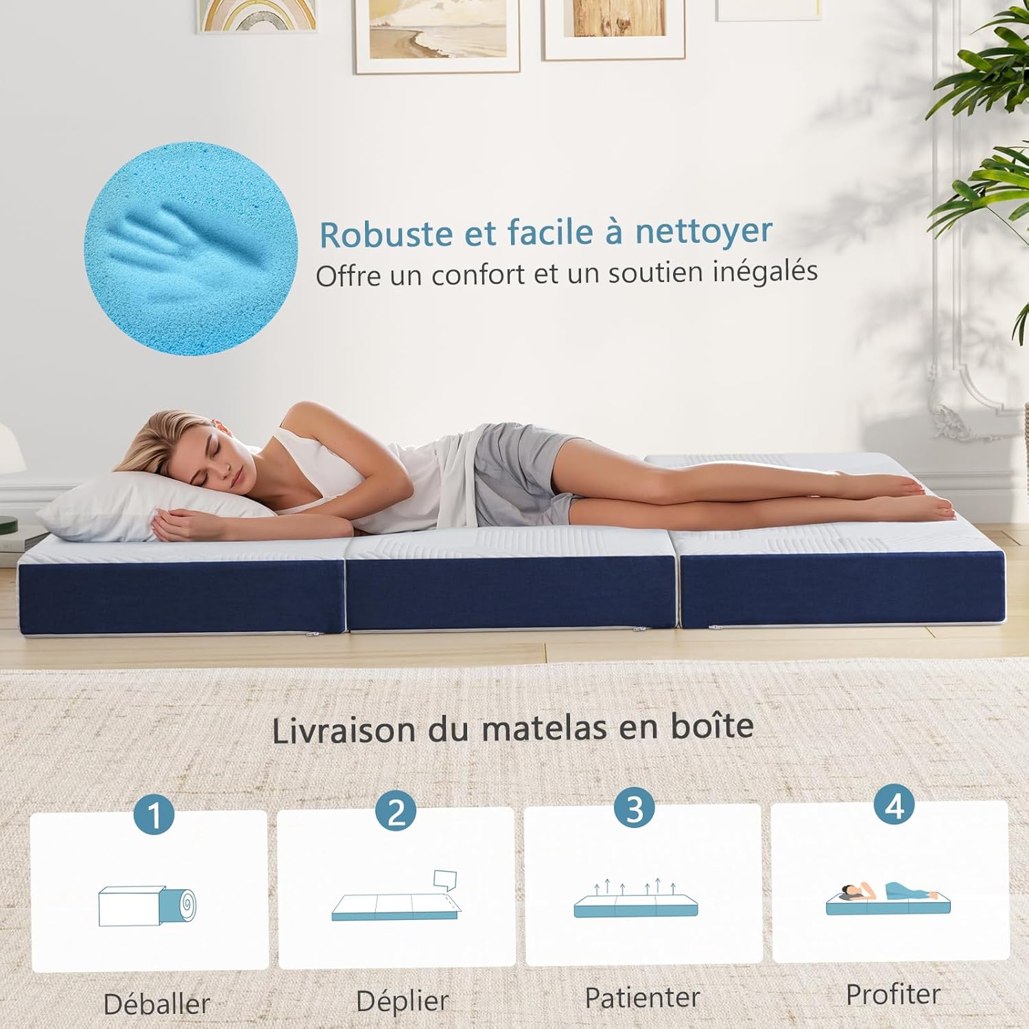 Matelas pliable - 120x190x10 cm - mousse mémoire, housse lavable, sac transport