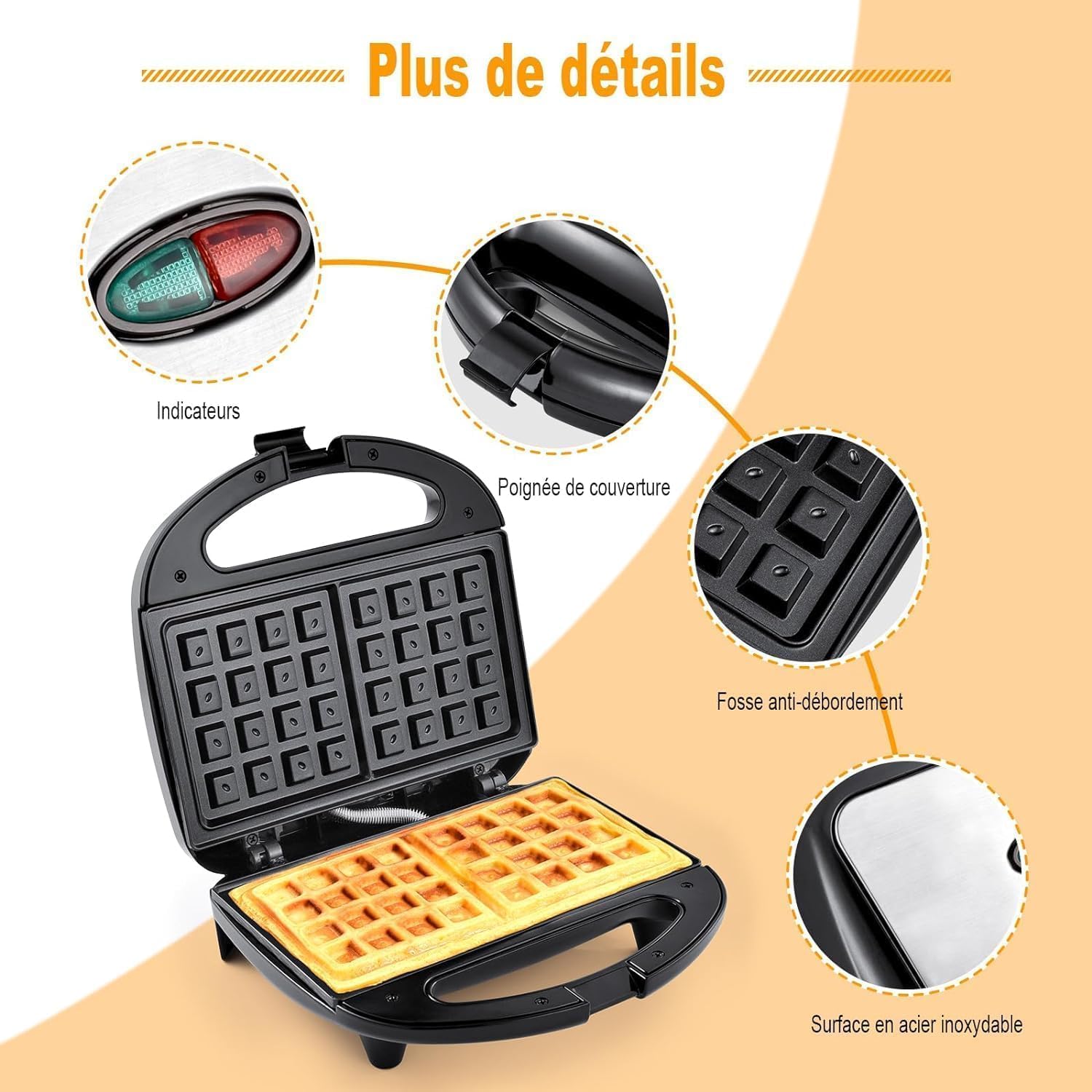 YASHE - appareil à gaufre 750W - 2 plaques antiadhésives, cuisson automatique
