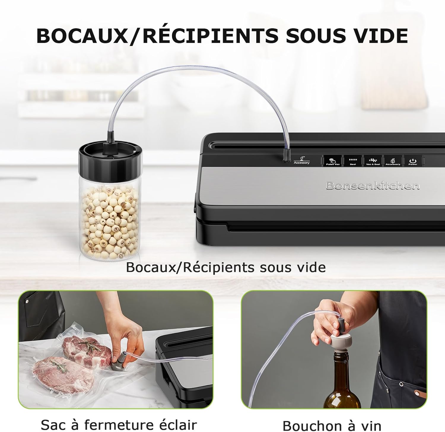 Bonsenkitchen - machine sous vide multifonction - compacte - coupe-aliments intégré, 50 sacs, rouleau, travail continu, 