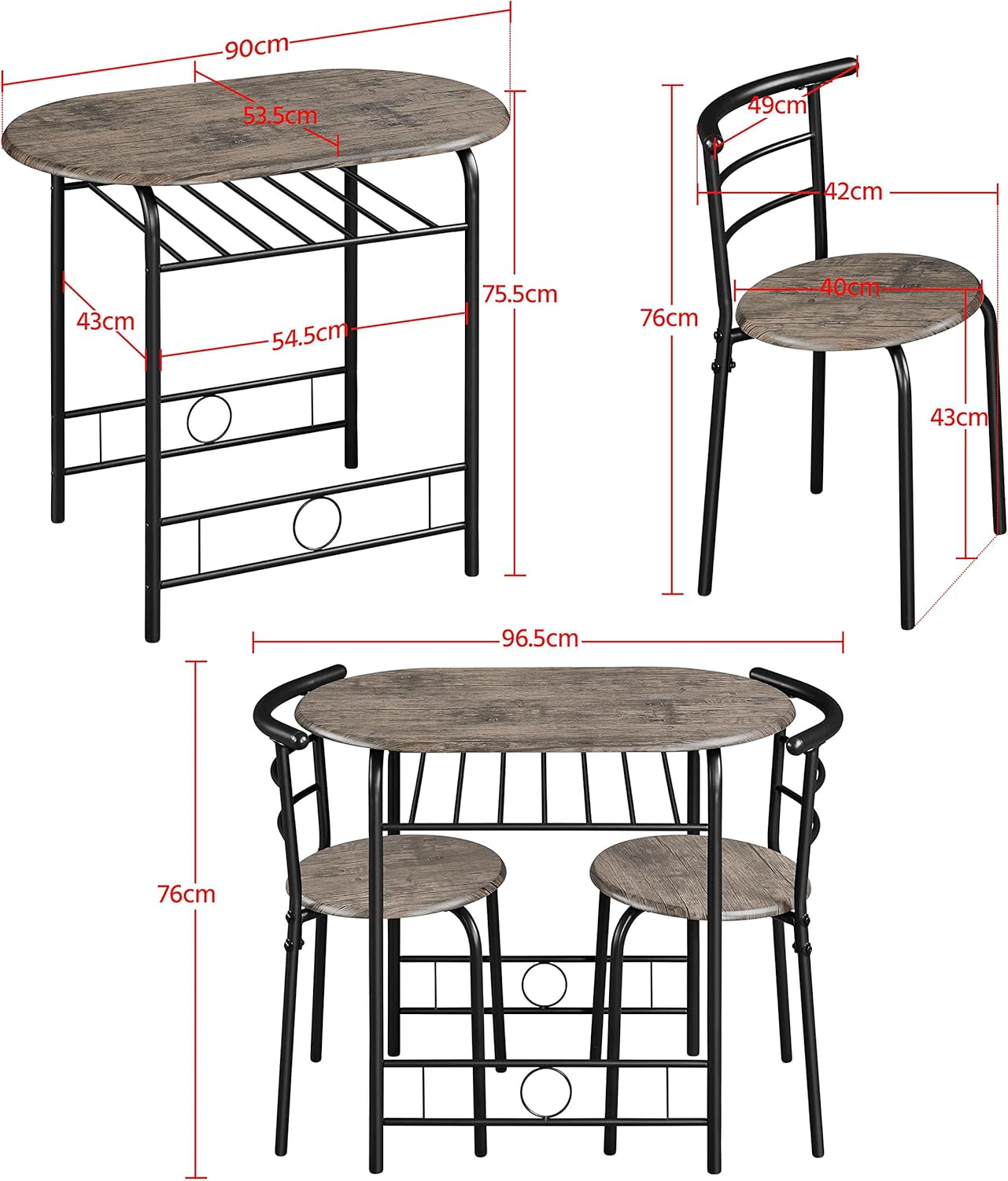 Yaheetech - Table ronde + 2 chaises - 90x53x75,5 cm - Bois métal compact