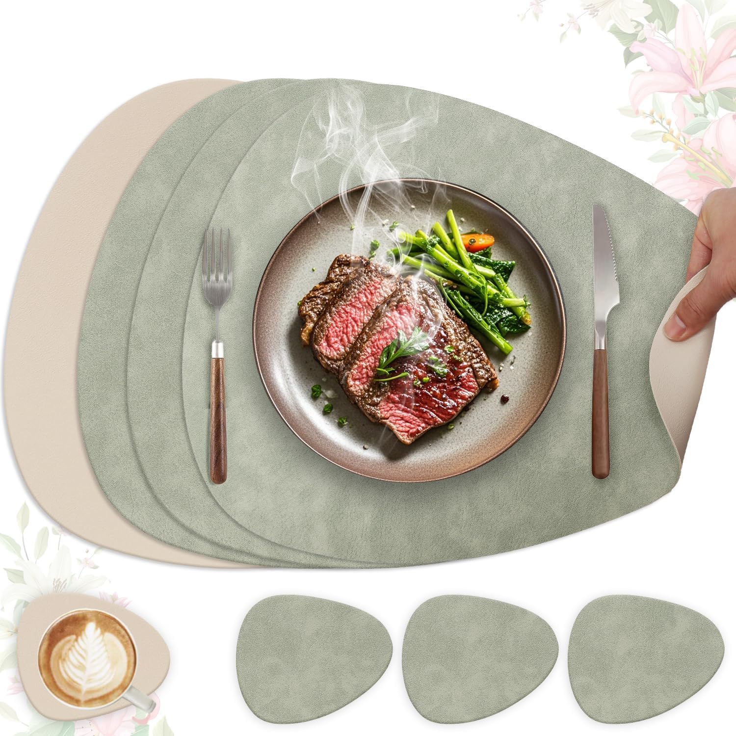 Sets de table - lot de 4 ovales 41x33cm, cuir PU double face, lavables, antidérapants, vert clair/beige