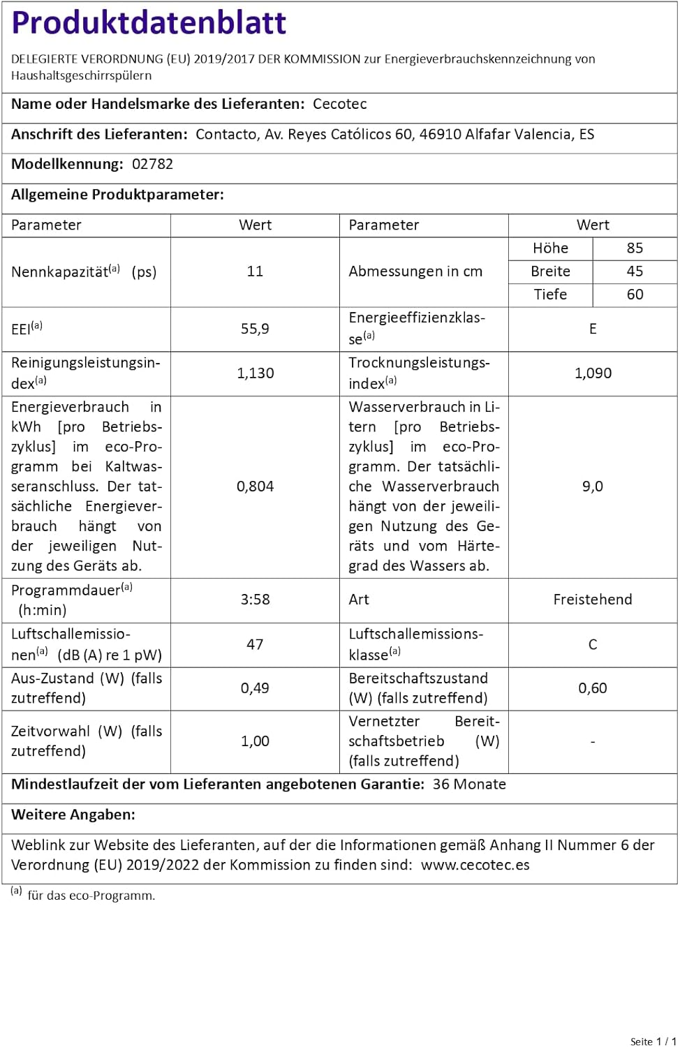Cecotec - Bolero Aguazero - 45 cm - 11 couverts, 6 programmes, 1850 W, E, Dual Zone, Départ Différé, AquaStop, 4201