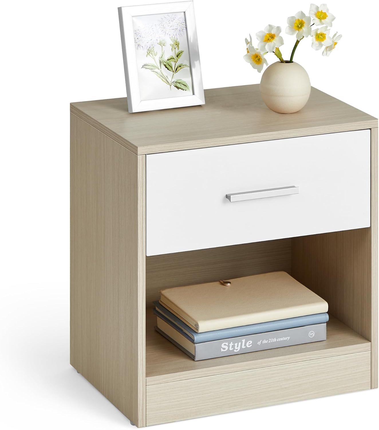 VASAGLE - Table de nuit série LET - 50x40x35 cm, tiroir, compartiment ouvert, poignée, beige/blanc - LET619T67