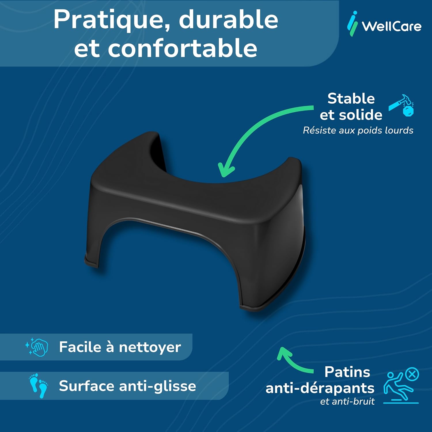 Tabouret de toilette - plastique recyclé noir - fabriqué en France - position squat anti constipation - dimensions compa