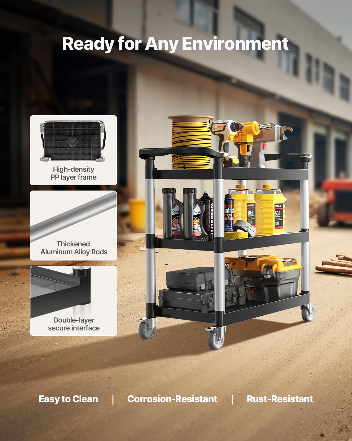 VEVOR - chariot de service 3 niveaux 1060x490x980mm, roulettes pivotantes