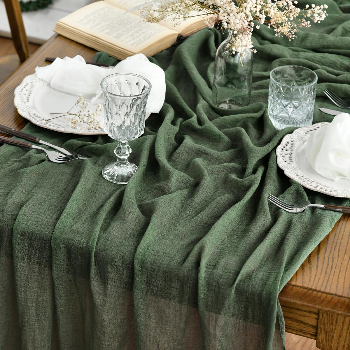 Artoid Mode - Chemin de table bohême gaze vert forêt - 400 cm - décoration cuisine mariage fête