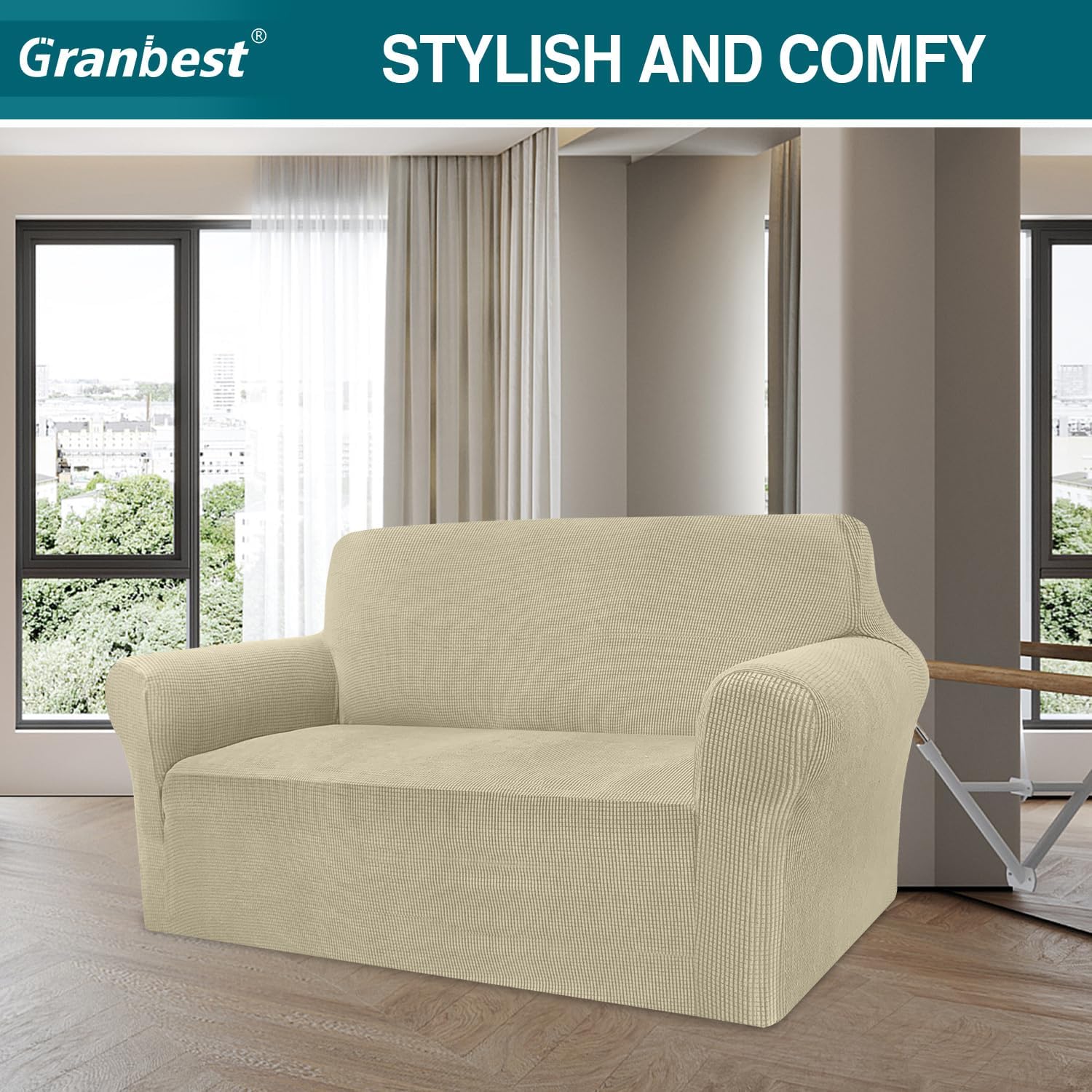 Granbest - Housse canapé jacquard 2 places - très élastique, anti-animaux, kaki