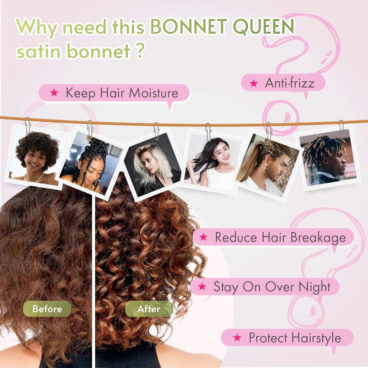 BONNET QUEEN - bonnet satin ajustable, taille moyenne, élastique long, rose vif