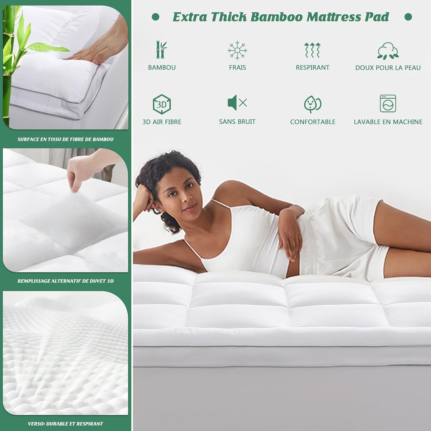 GRT - surmatelas série fibres bambou - 140x190 cm - 6 cm d'épaisseur, ultra-doux et respirant