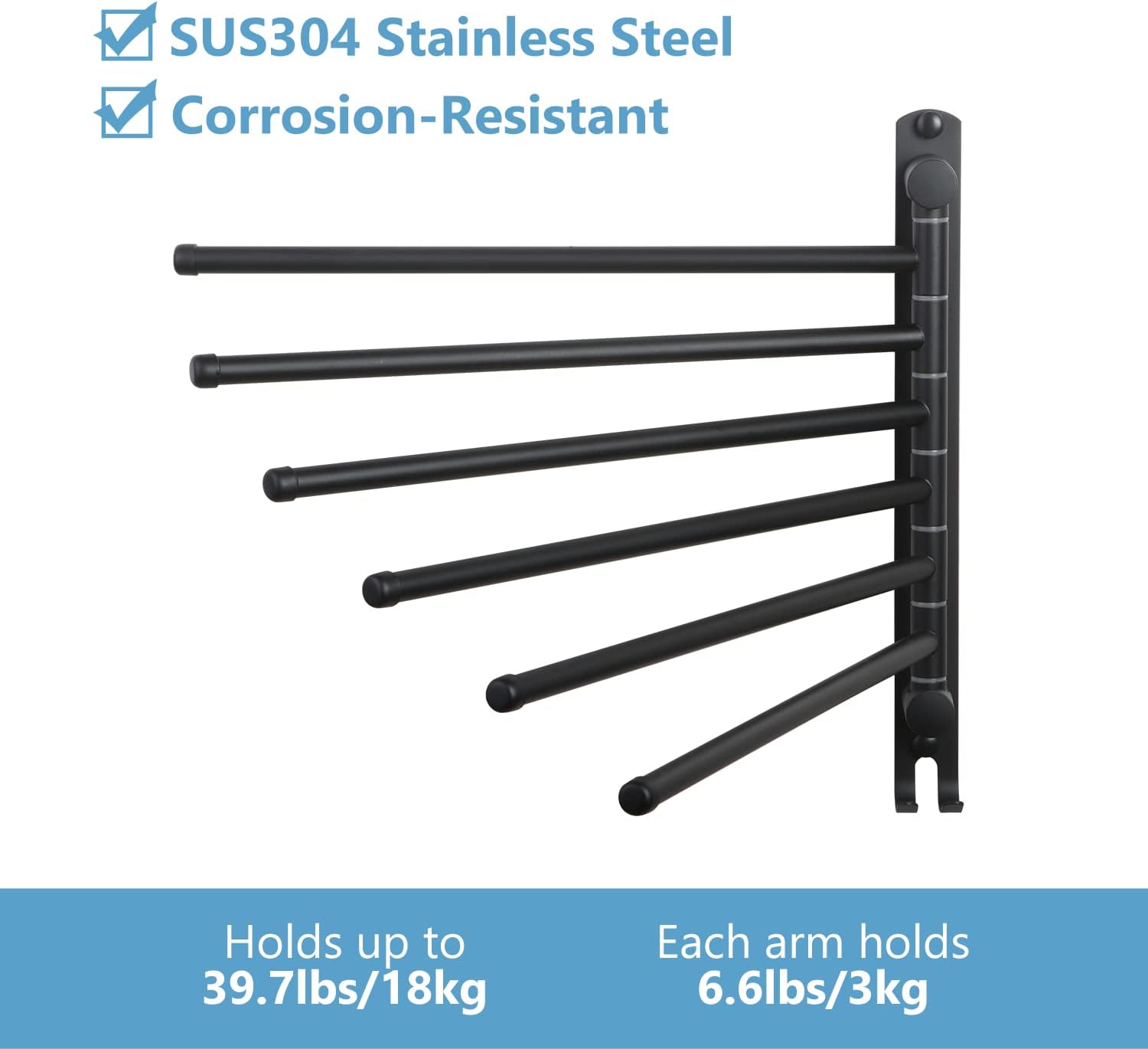 JSVER - porte-serviette 6 barres, 180° rotatif inox SUS304, mural, noir