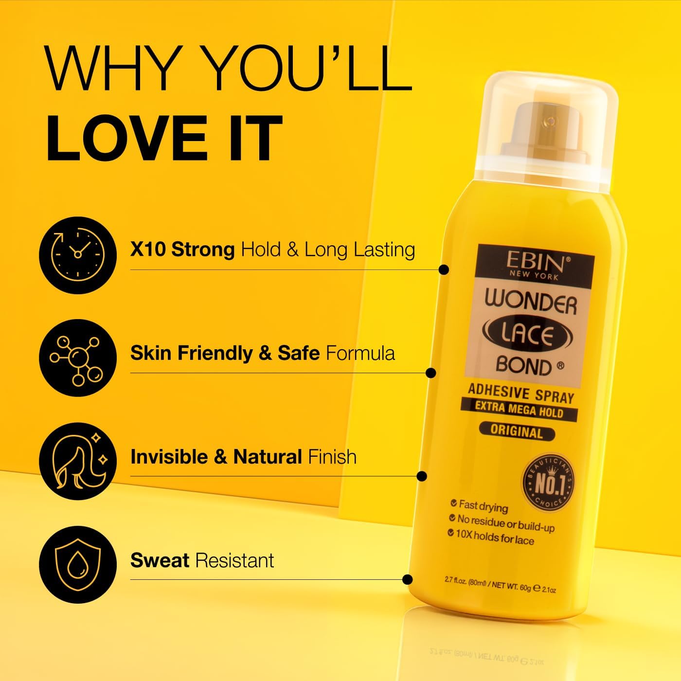 EBIN NEW YORK - Wonder Lace Bond Spray - 80ml - Adhésif extra fort pour perruque