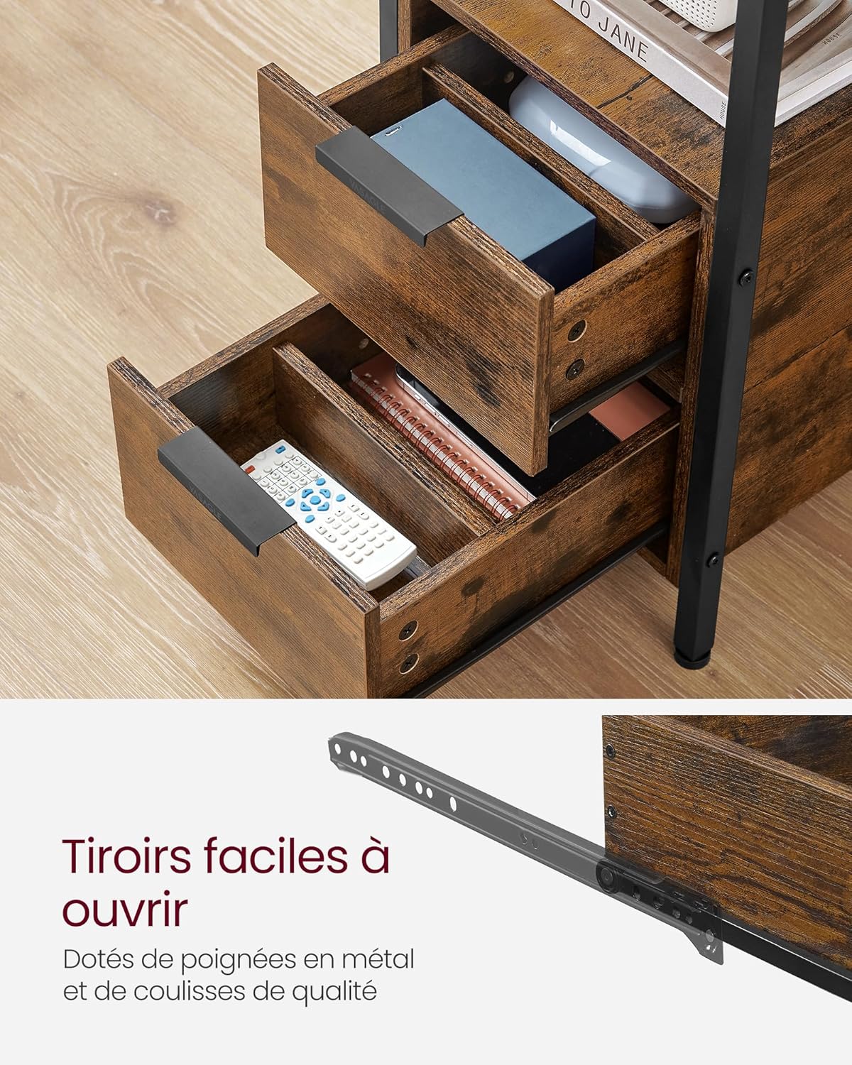 VASAGLE - table d'appoint 2 tiroirs, multiprise, rangement, 35x30x70cm - LET325B01