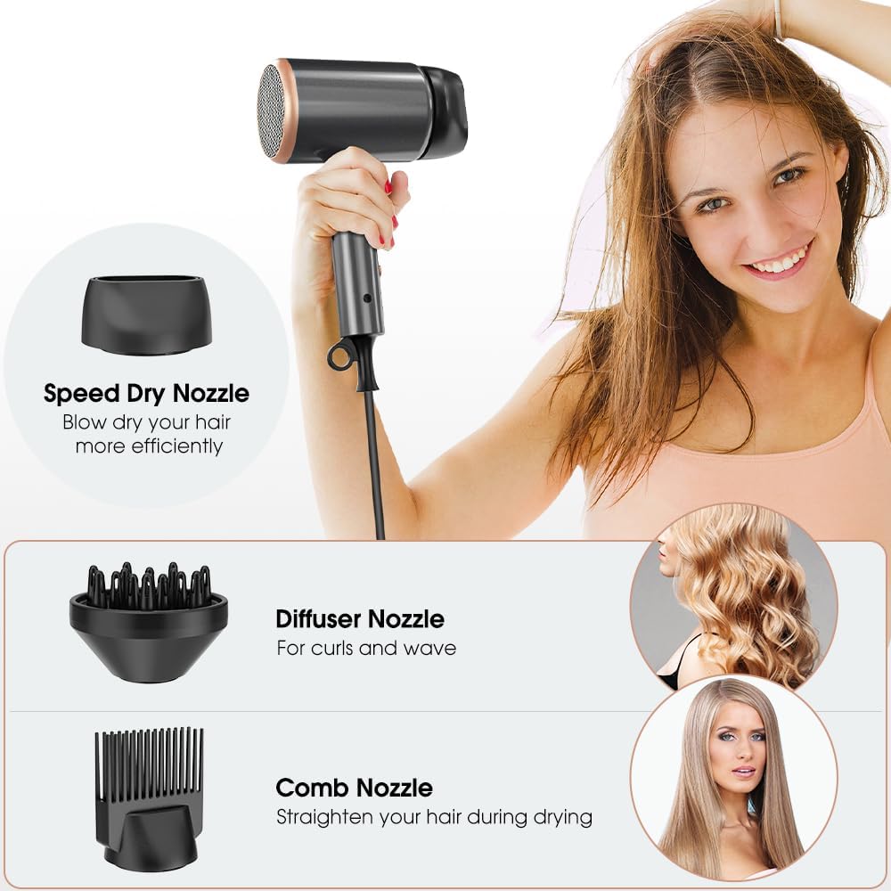 Sèche-cheveux ionique - 2400W compact - 3 vitesses, 3 températures, accessoires, sac de rangement