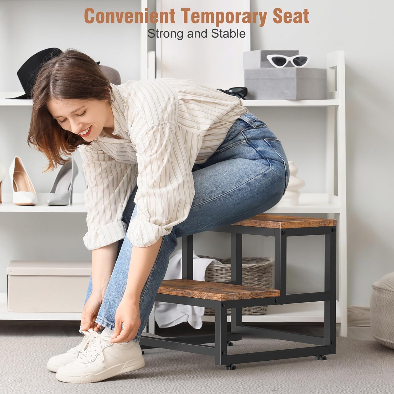 LIANTRAL - marchepied 2 niveaux - acier/bois - charge 200kg, marron/noir