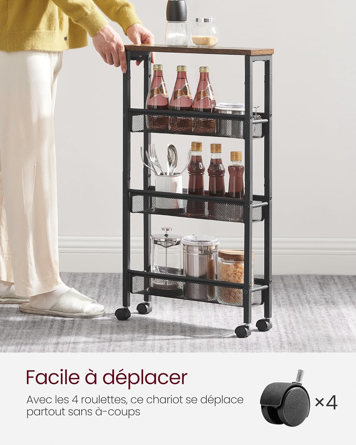 VASAGLE - desserte 4 niveaux - 13x45,4x77cm - acier, roulettes, compact - LRC032B01V1