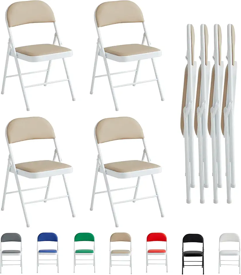 McC - chaises pliantes lot de 4 - cadre métal, similicuir, blancs, pliables, sièges rembourrés
