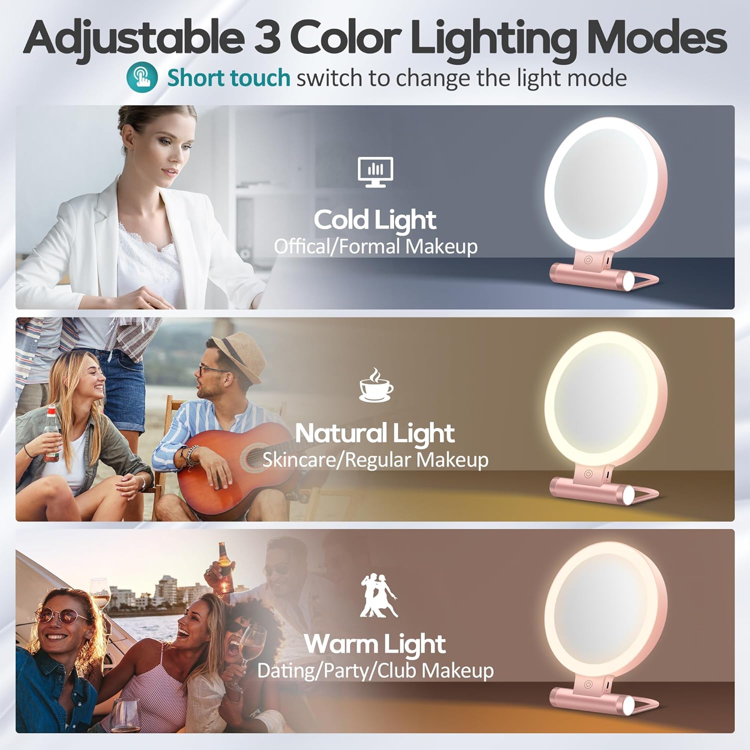 Miroir de maquillage - double face 1X/30X, 3 modes, lumière, 2000mAh, pliable, compact, format voyage