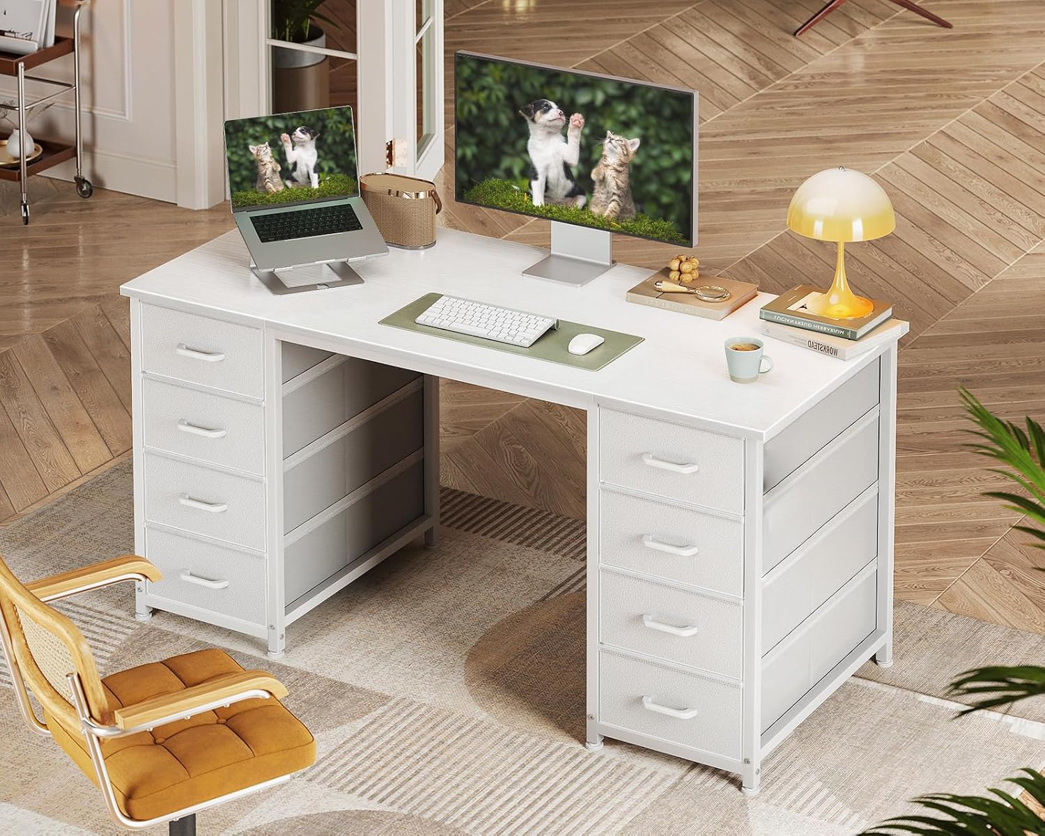 Coleshome - bureau avec 8 tiroirs tissu - 120x48cm - blanc, robuste, rangement