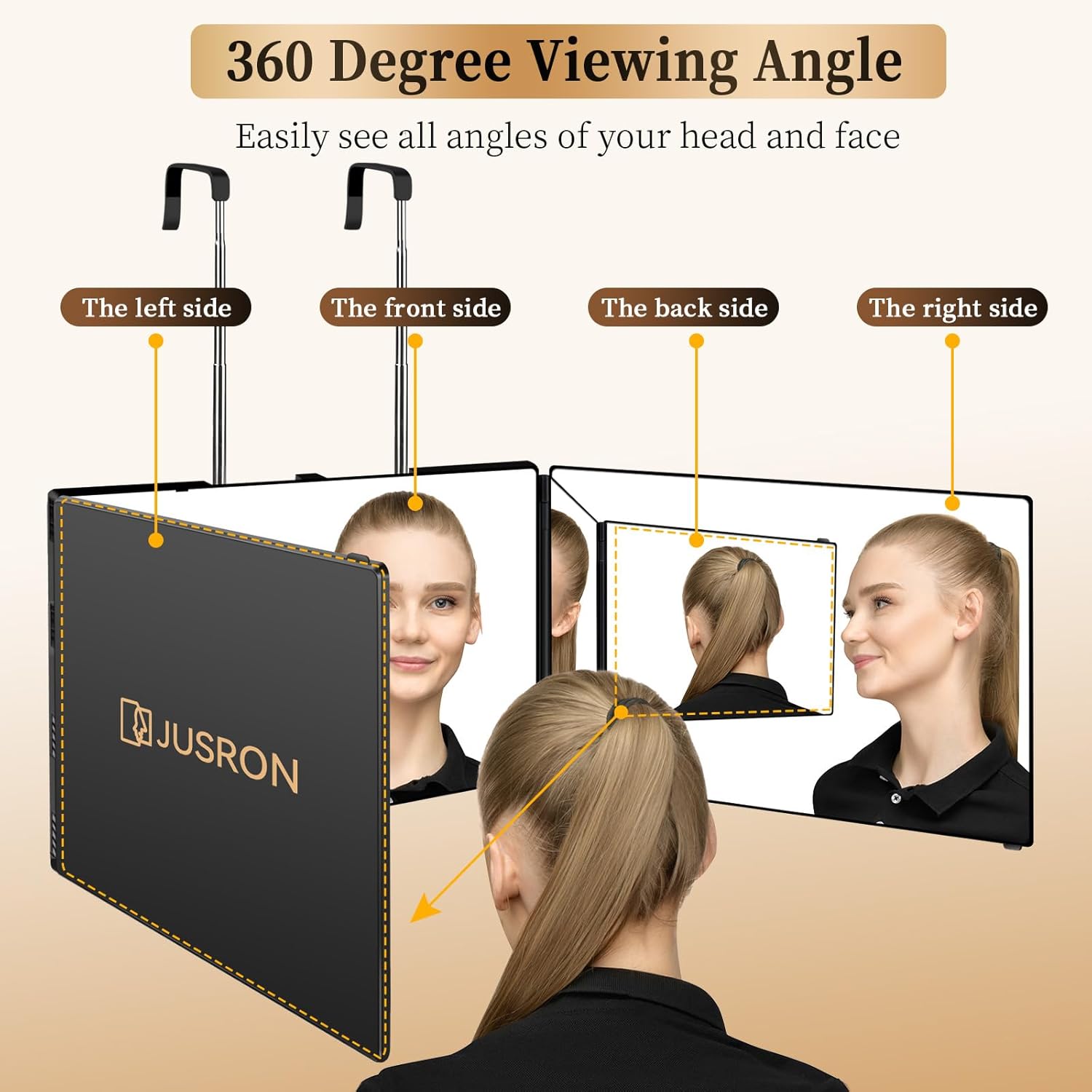 JUSRON - miroir 3 faces portable, pliable, hauteur réglable, sans LED