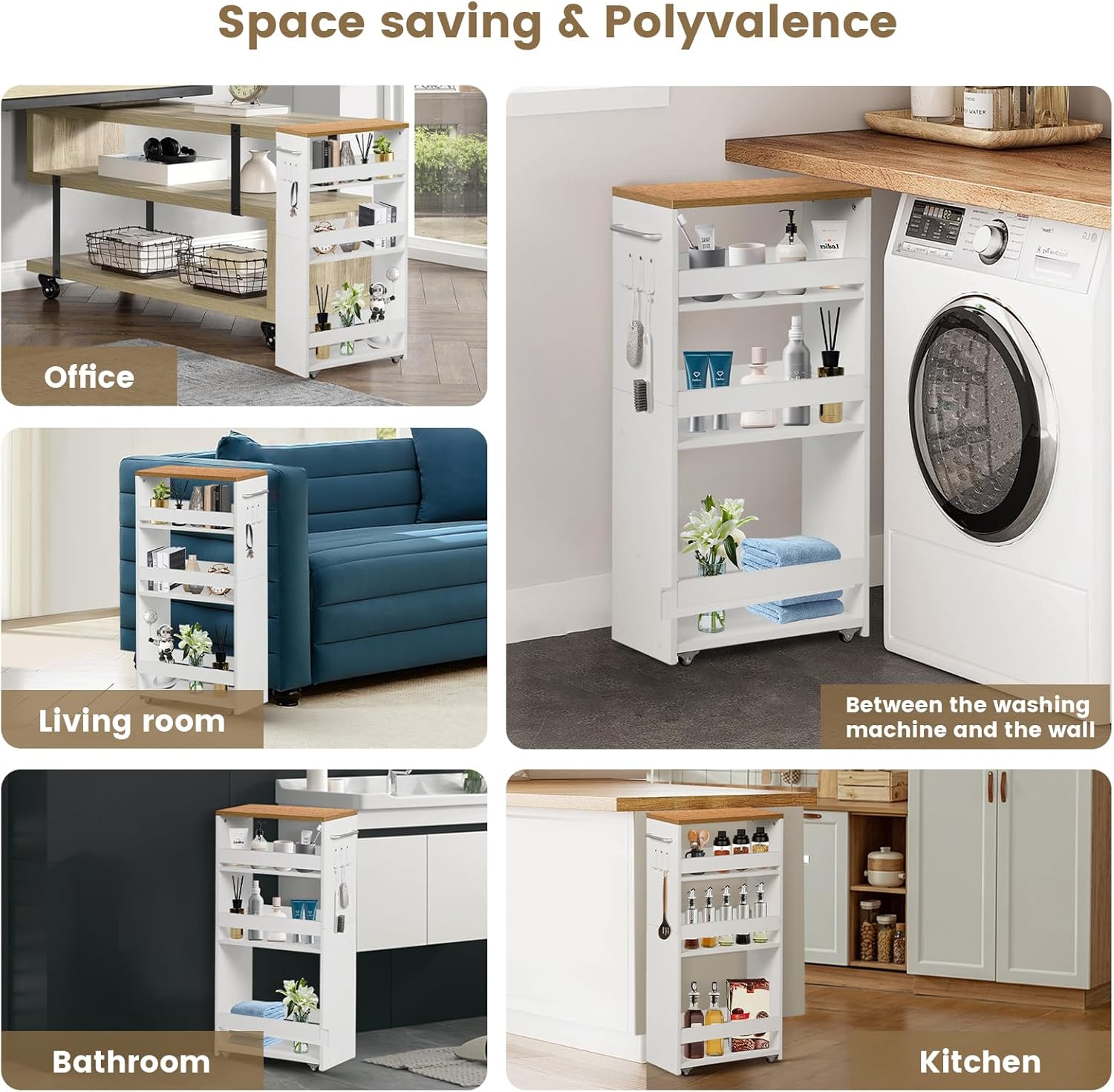 Chariot de rangement - étroit 20cm, 4 niveaux, roulettes, poignée, crochets