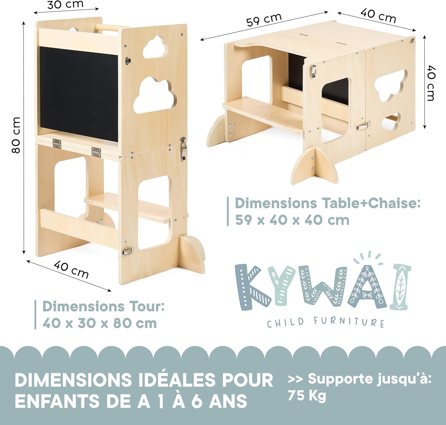 Tour d'observation enfant - bureau pliable 3 en 1 - bois FSC - ardoise, reforestation