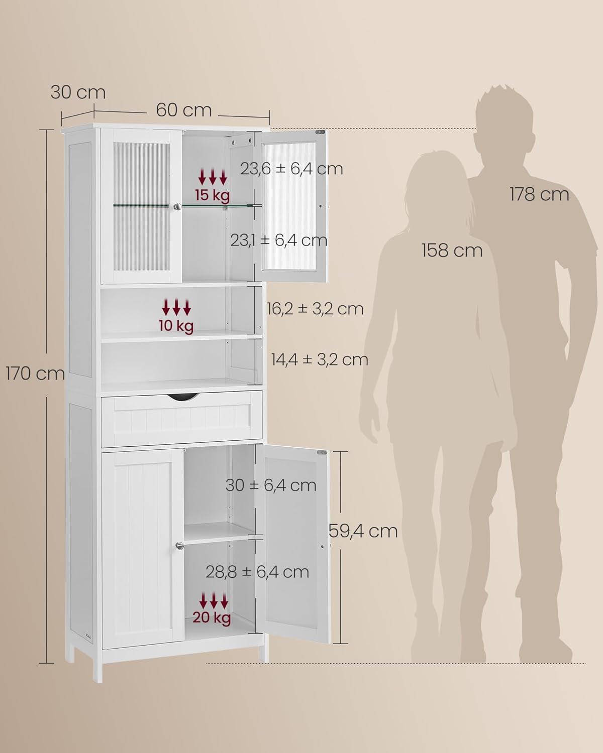 VASAGLE - armoire salle de bain, éclairage, étagères réglables, blanc, BBC767W03