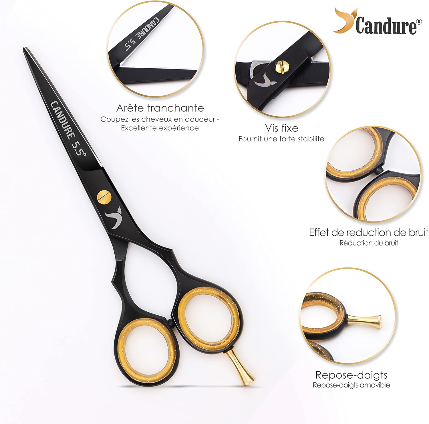 Candure - Ciseaux de coiffure Salon Pro - 5,5 pouces - Lames noires, coupe précise
