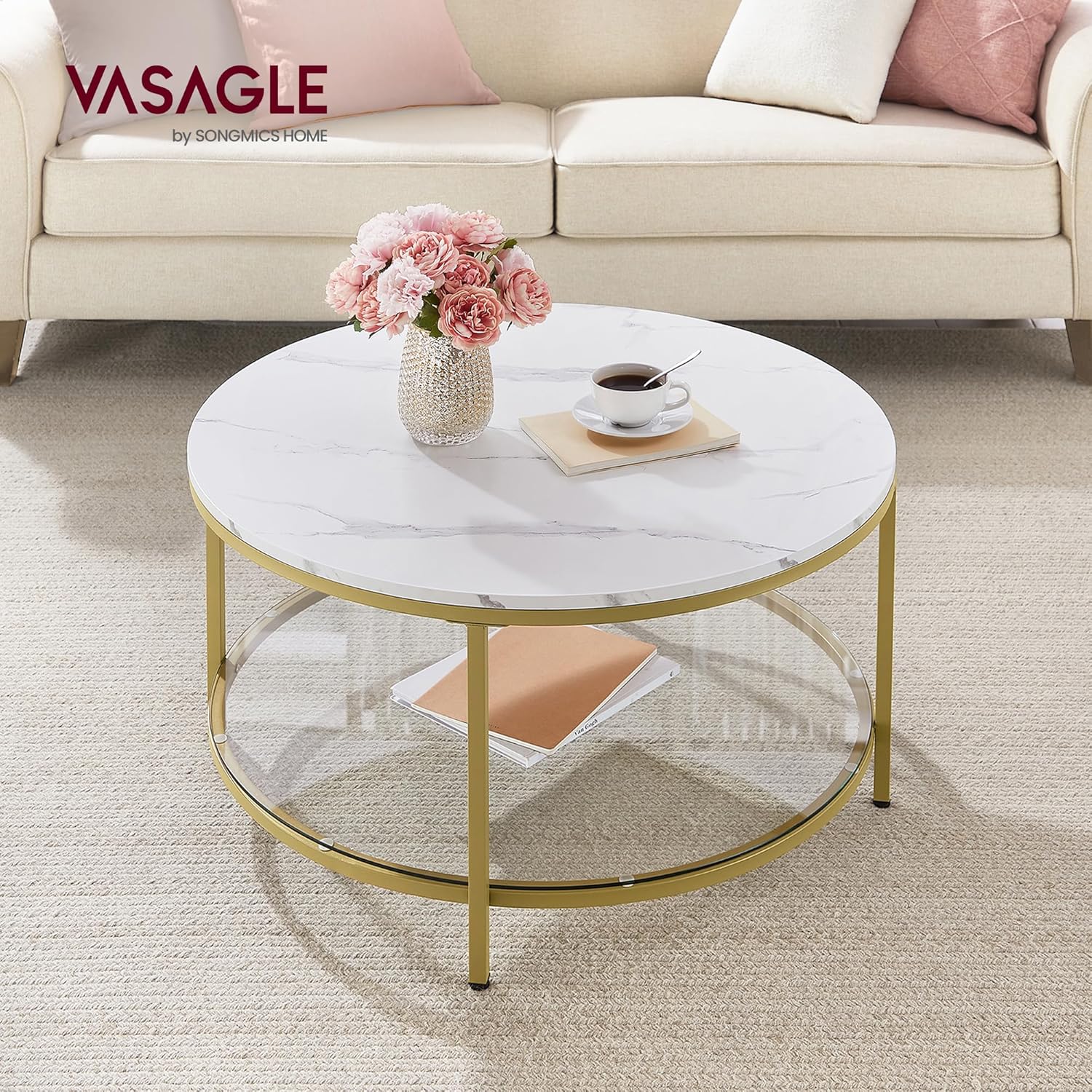 VASAGLE - table basse moderne marbre/verre 59x40cm dorée LCT071W59