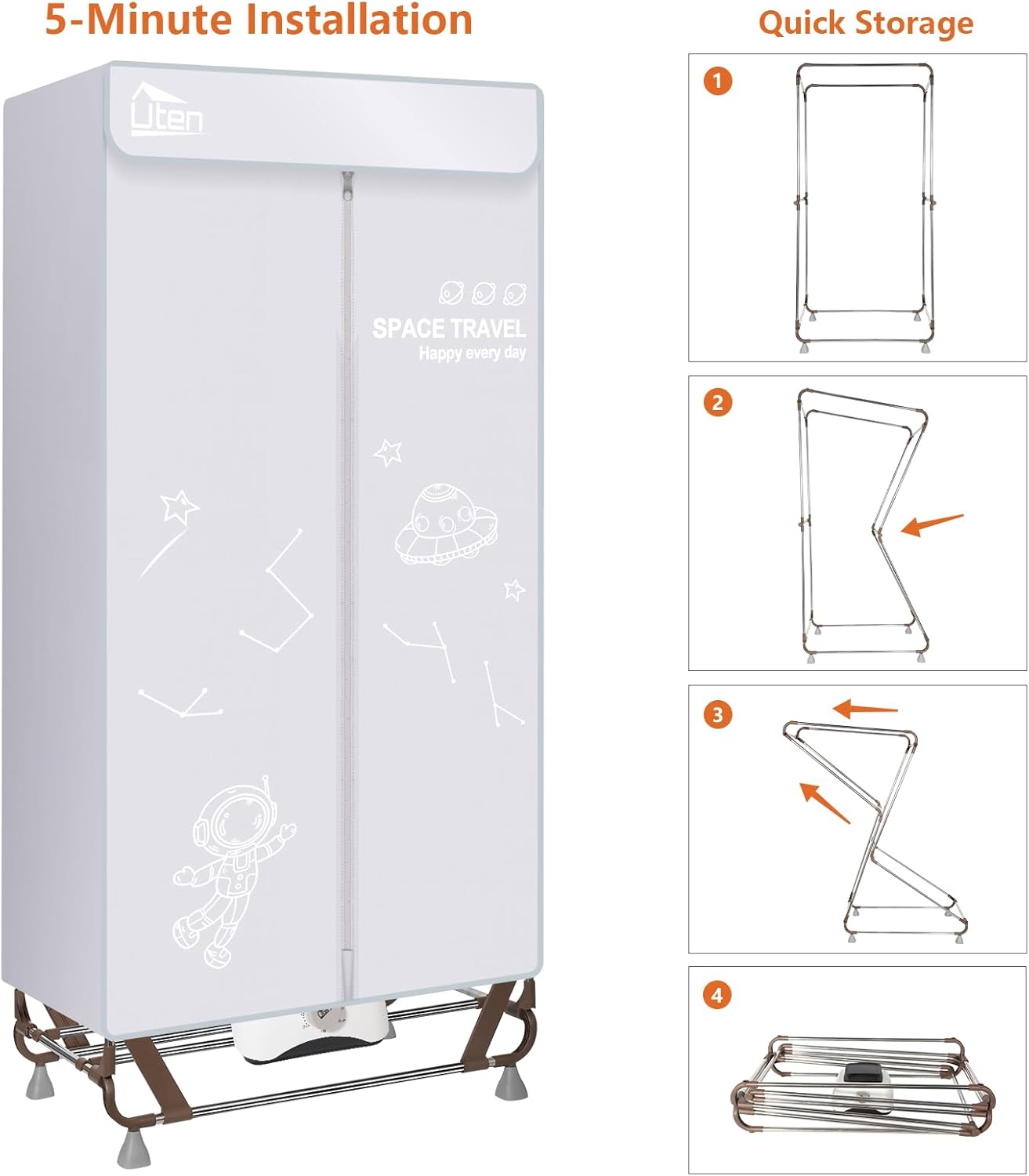 Sèche-linge électrique pliable, 15kg, 1500W, sac rangement, maison