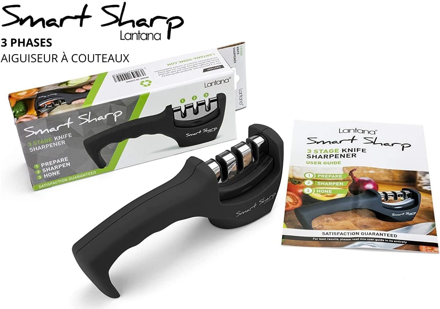 Lantana - aiguiseur Smart Sharp 3 phases, céramique/carbone/diamant, ergonomique, noir/chrome