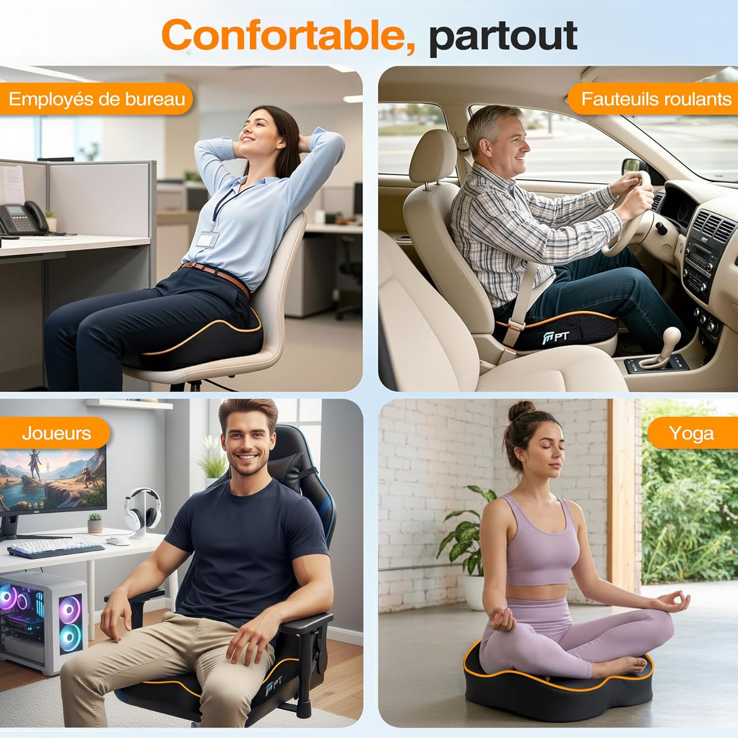 Coussin de chaise mémoire de forme - ergonomique, antidérapant - confort prolongé - pour bureau ou voiture