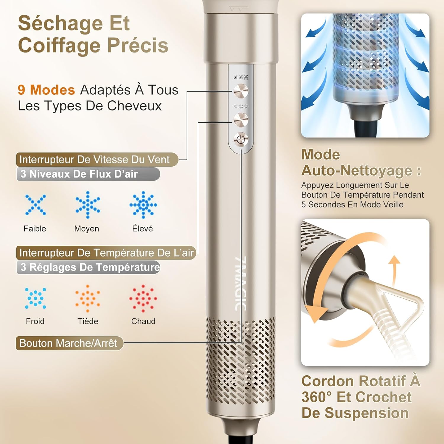 7MAGIC - Air Styler 6en1 - sèche-cheveux ionique, boucleur, brosses, sac voyage
