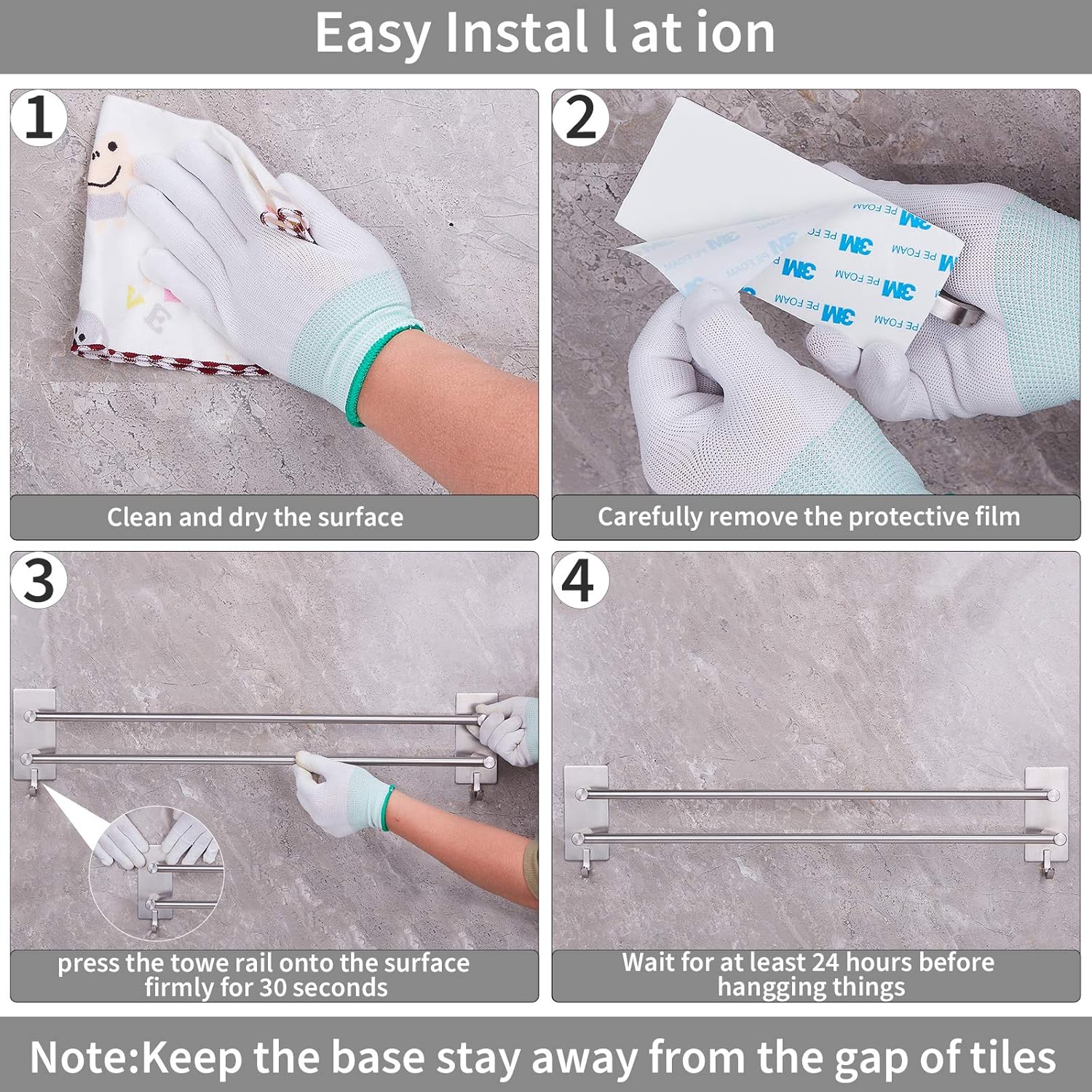 Porte-serviettes mural double inox, sans perçage, 2 crochets, salle de bain