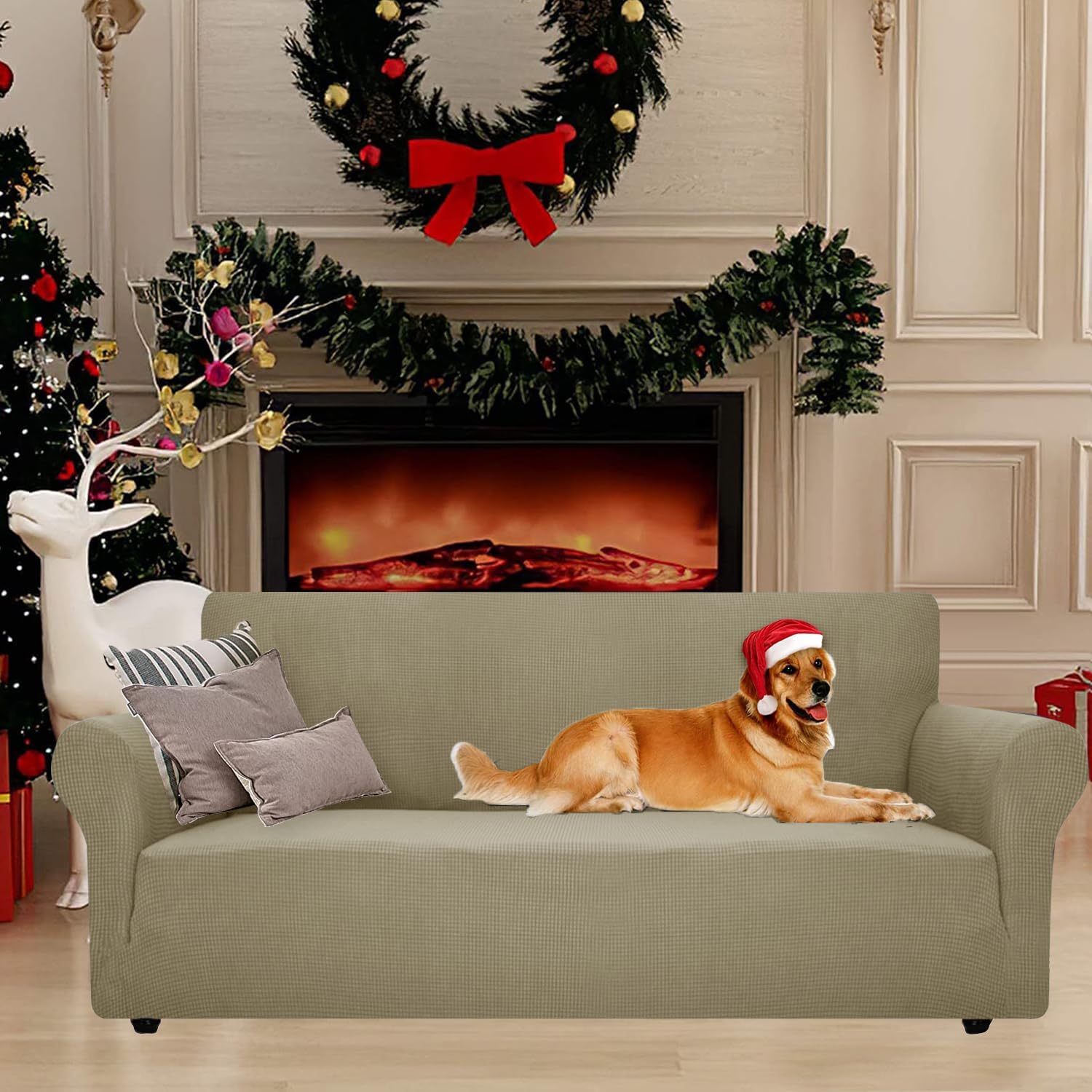 Housse canapé 3 places - extensible, lavable, antidérapante, khaki