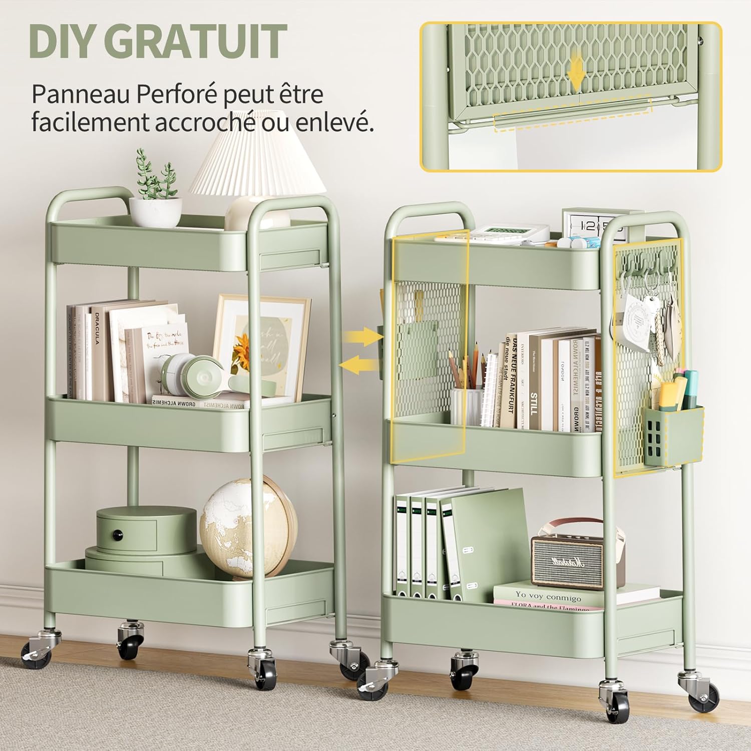 Chariot de rangement - 3 niveaux, boîtes et crochets, roulettes, vert