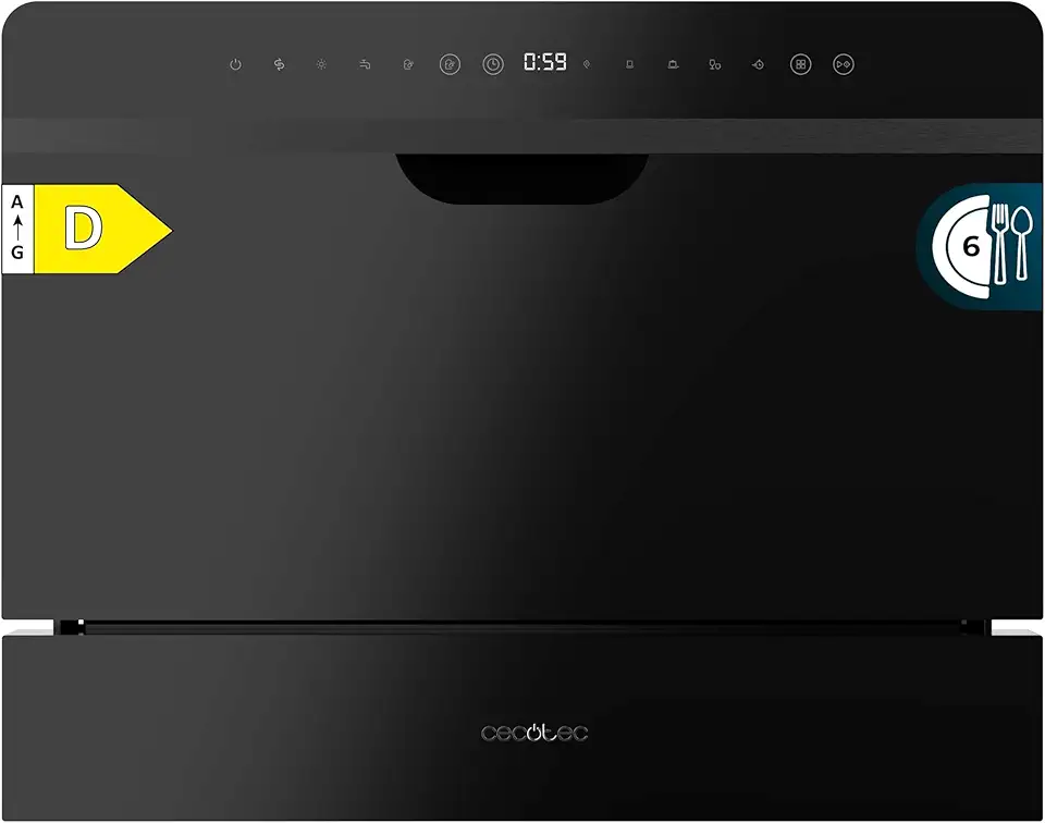 Cecotec - Bolero Aguazero 2500 S-BI - compact 6 couverts - verre noir, basse conso, 5 programmes, départ différé, 2500 S