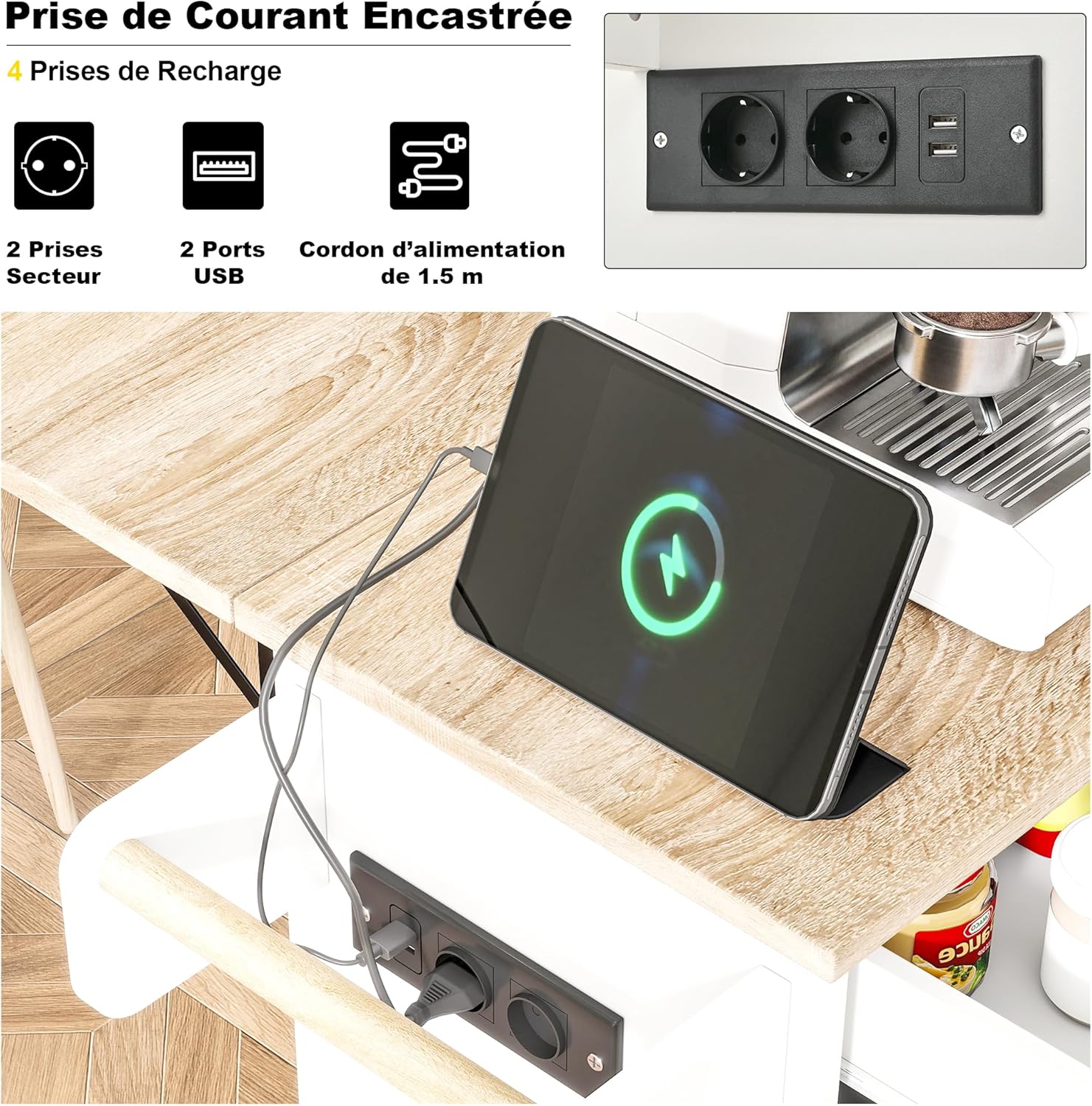 Desserte îlot cuisine - plan rabattable, USB, tiroirs, rangement, blanc