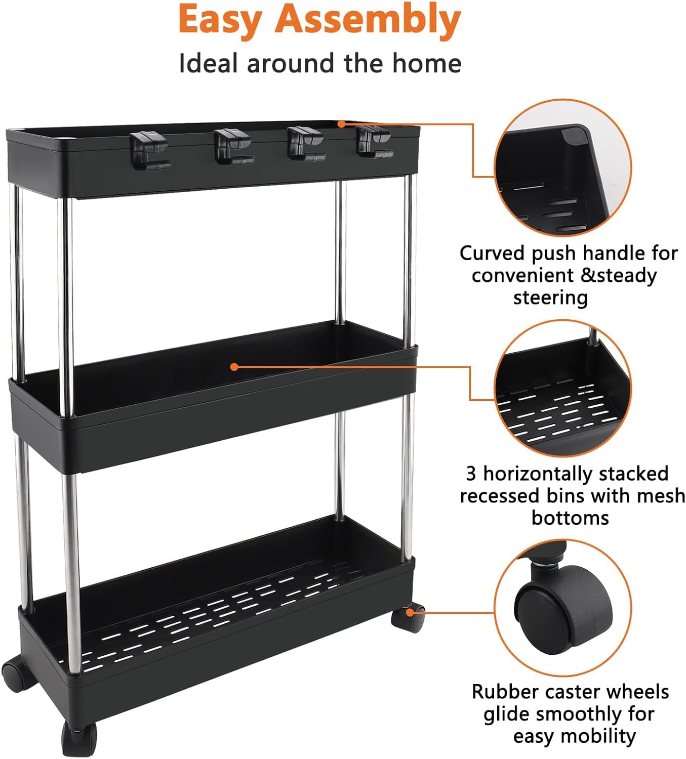 Chariot de rangement 3 niveaux - mobile - étagère à roulettes - usage bureau/maison - noir
