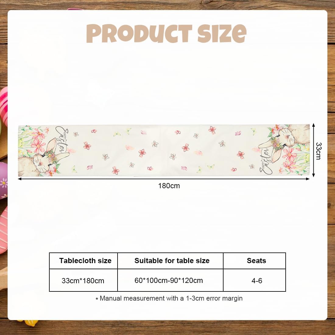 Chemin de Table - motif lapin printemps - 33x180 cm - lavable, déco cuisine salon